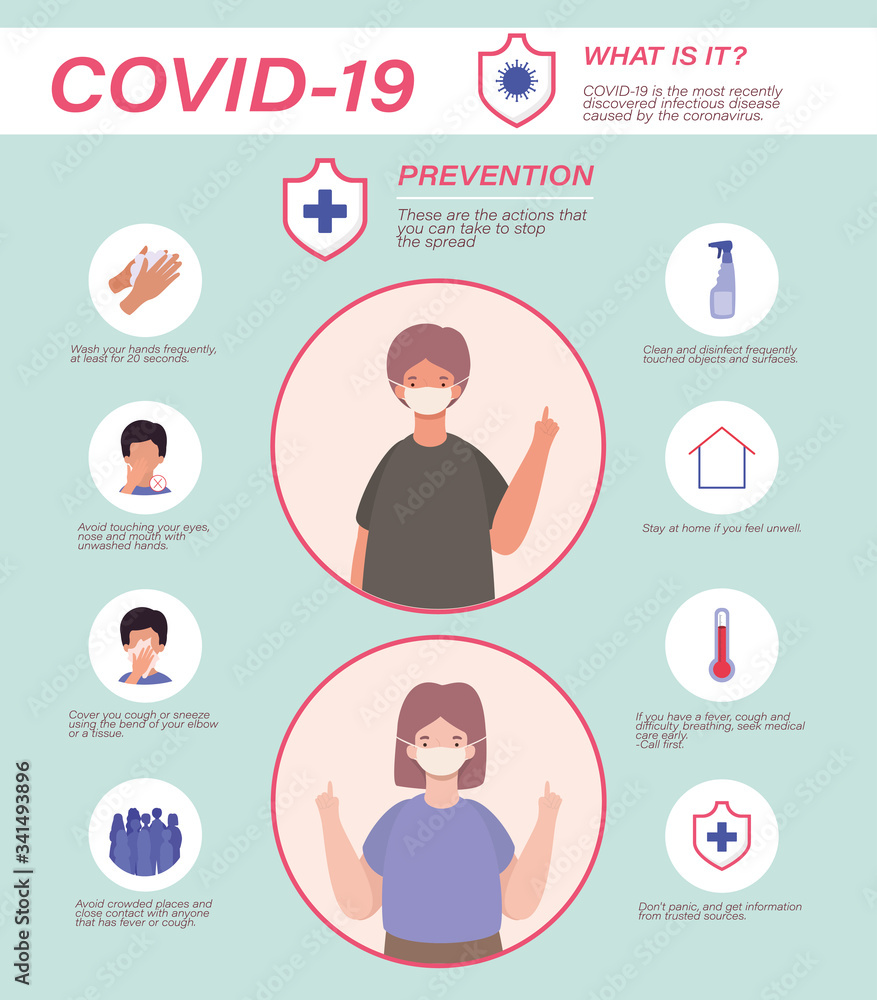 Covid 19 virus prevention tips woman and man avatar with masks vector design Covid 19 virus prevention tips woman and man avatar with masks vector design
