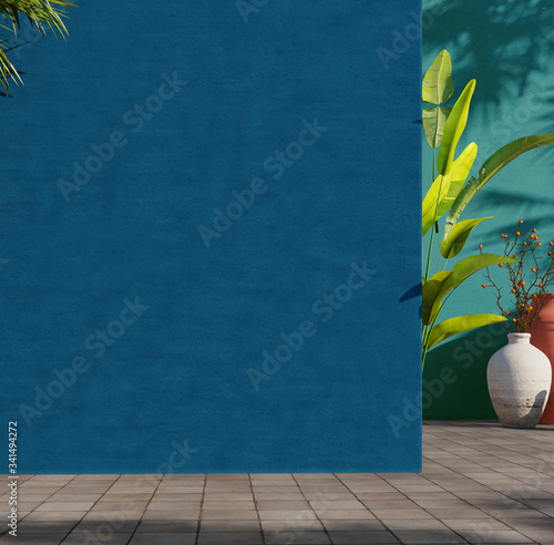 Painted blue and green wall with green tropical leaves, sunlight with shadows and flower pot. Summer, spring background. 3d rendering.
