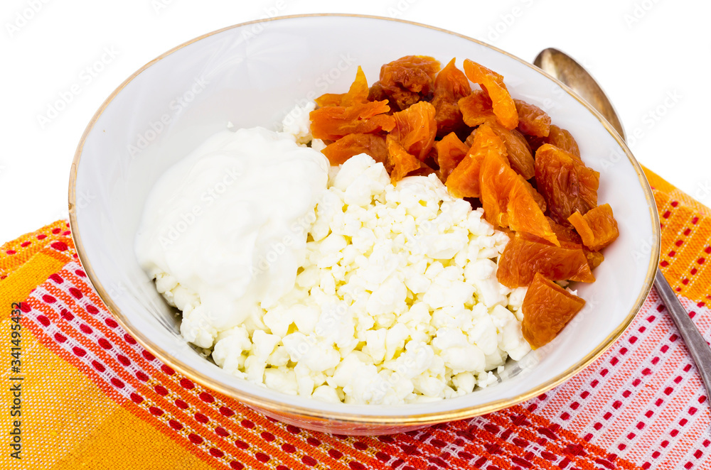 Healthy food, dairy products with dried apricots