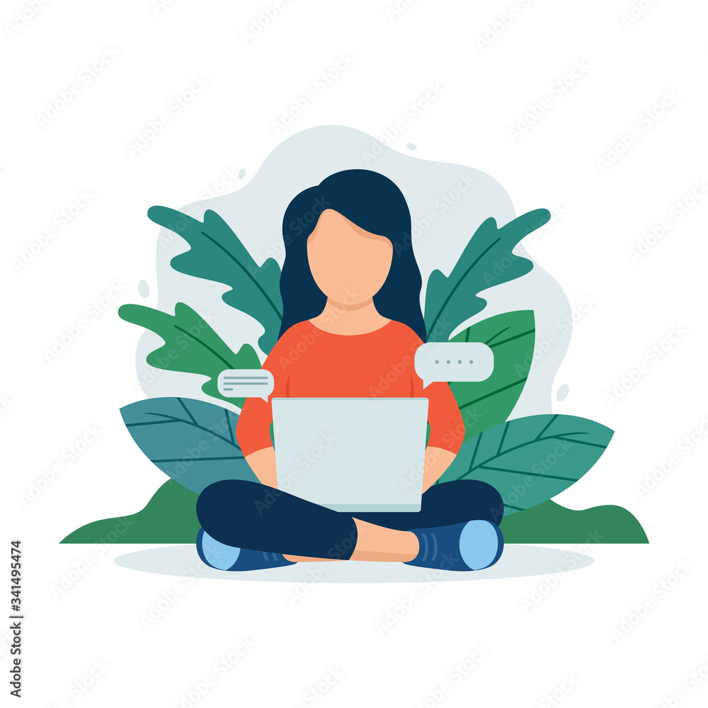 Woman with laptop sitting in nature and leaves. Concept illustration for working, freelancing, studying, education, work from home. Vector illustration in flat cartoon style Woman with laptop sitting in nature and leaves. Concept illustration for working, freelancing, studying, education, work from home. Vector illustration in flat cartoon style