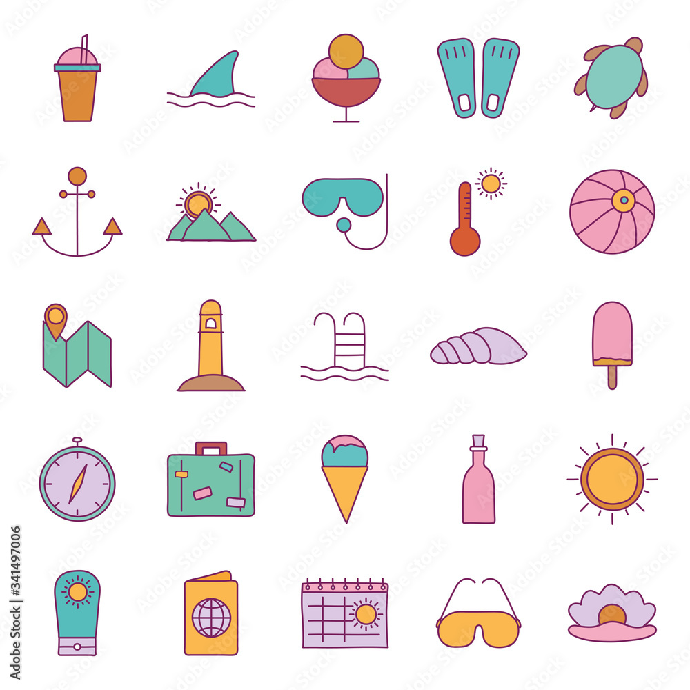 Summer line and fill style icon set vector design Summer line and fill style icon set vector design