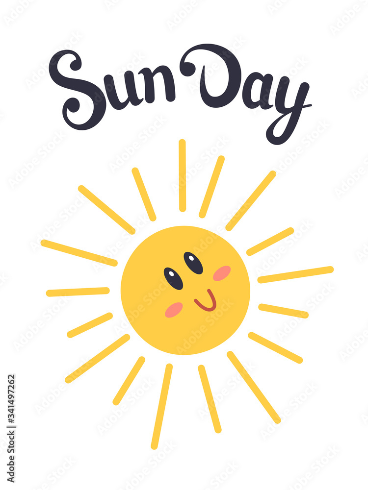 Cute sun in doodle style. Sun day lettering. Isolated on white background.