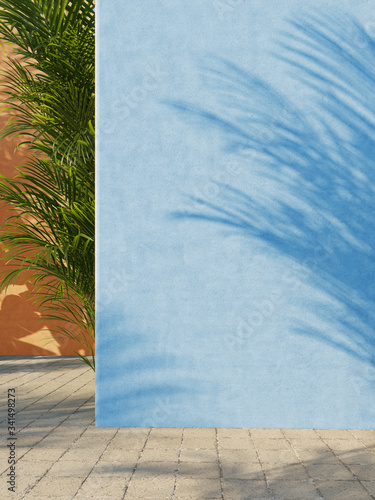 Blue and yellow painted walls with green tropical leaves, sunlight with shadows. Summer, spring background. 3d rendering.