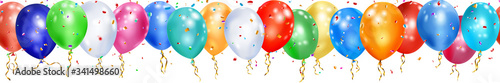 Banner of colorful balloons  ribbons and shiny pieces of serpentine on white background with horizontal repetition