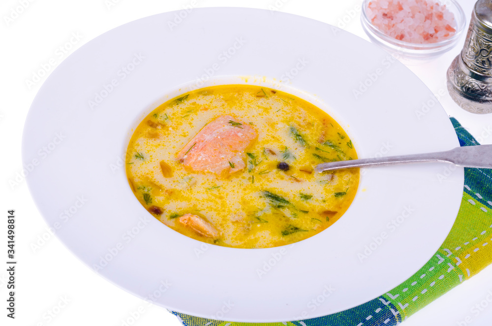Finnish cream and salmon soup. Studio Photo Finnish cream and salmon soup. Studio Photo