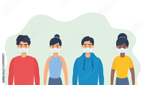 interracial young people using face masks characters