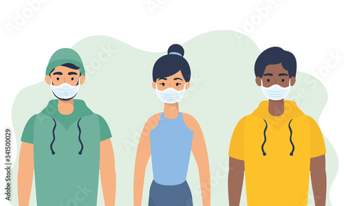 interracial young people using face masks characters