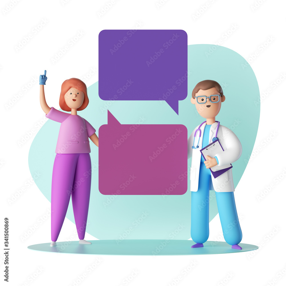 3d render. Cartoon characters doctor and nurse with blank talking balloons, empty dialogue bubbles, copy space for text. Professional consultation. Medical concept 3d render. Cartoon characters doctor and nurse with blank talking balloons, empty dialogue bubbles, copy space for text. Professional consultation. Medical concept
