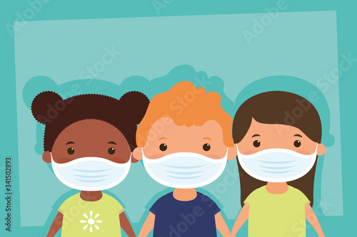 interracial little kids using face masks characters