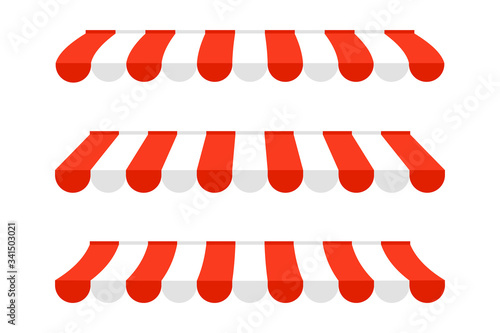 Set of Canopy Awning of Different Shapes with Shadows for Poster, Banner, Advertising. Realistic Red and white Tent sun shade for market. Roof canopy for shops, striped cafe awning