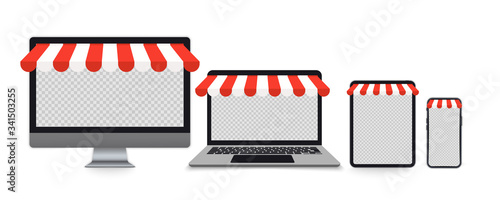 Realistic set of monitor, laptop, tablet, smartphone with awning for web design, banner, mobile app, landing page. Concept Shopping Online. Outdoor awnings. White and red sunshade. Online store