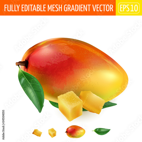 Ripe mango with green leaves and two cubes of pulp.