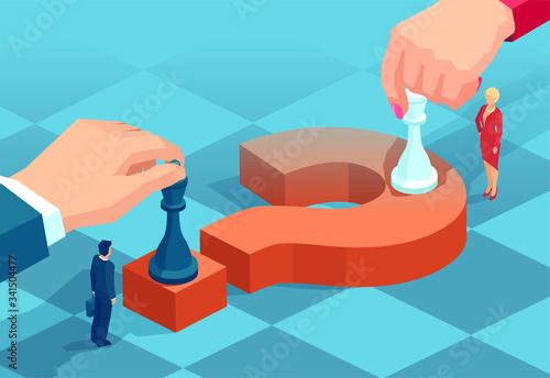 Vector of a business man and business woman moving chess pieces on red question mark negotiating strategic decisions.