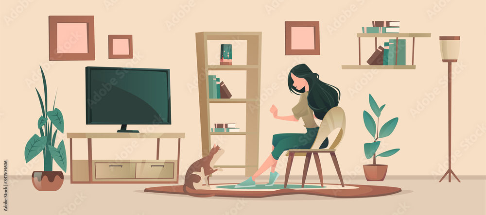 Vector of a pretty young woman training playing with her cat