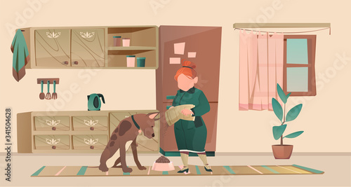 Vector of a senior woman character owner feeding her big dog