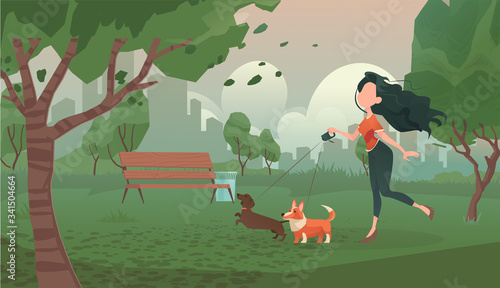 Vector of a happy woman walking dogs in the city park