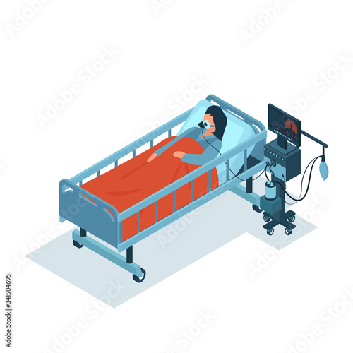 Isometric vector of a critically ill patient on ventilator machine receiving oxygen therapy