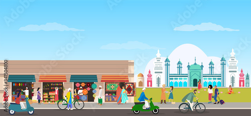 Vector of town from India with traditional buildings, people and street food market