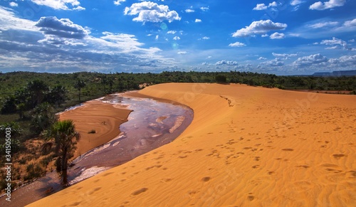 Jalapao sand dunes, contrasting with green vegetation and water course, forming an oasis. Dunas do jalapao e oasis. photo