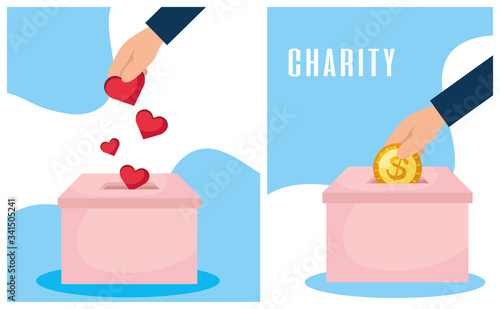 charity donation box with hand insert coins and hearts