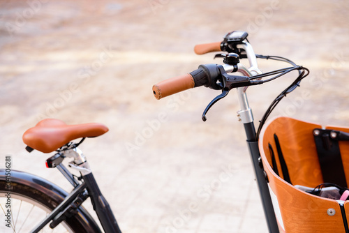 Detail of a bicycle with wooden cart to transport goods in a sustainable way.