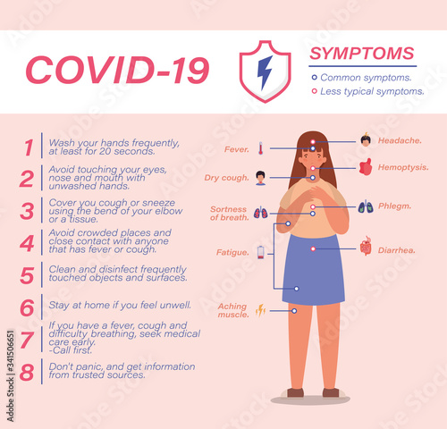 Covid 19 virus prevention tips symptoms and woman avatar vector design