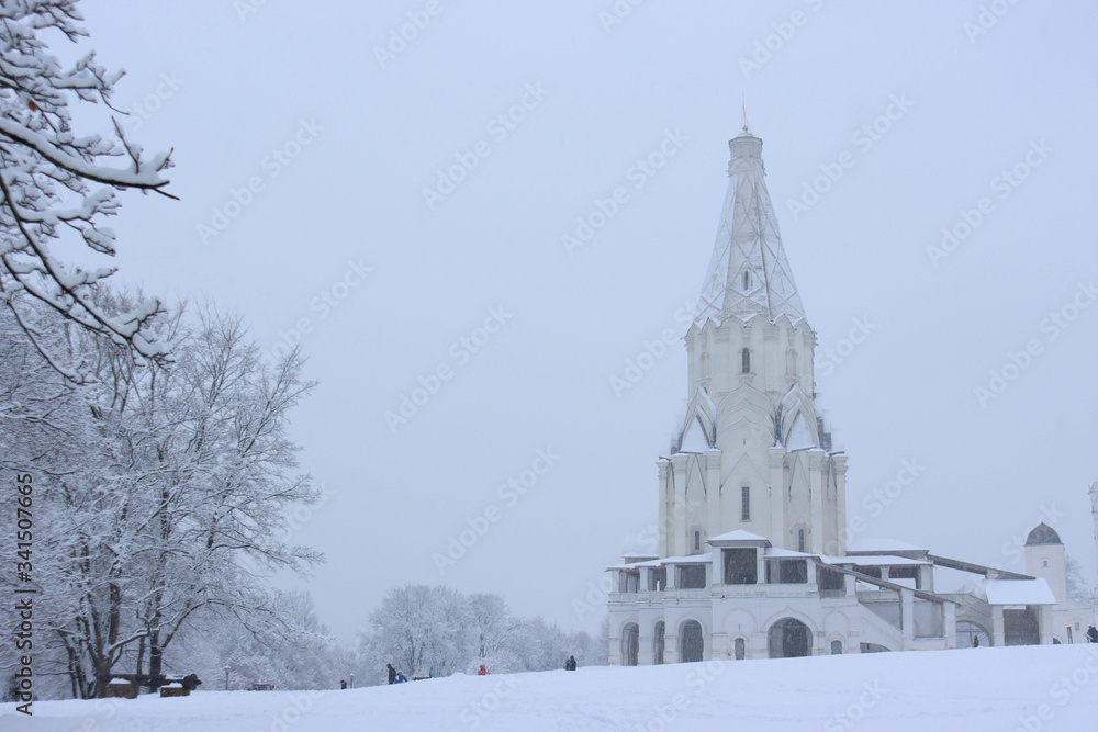 Church of the Ascension in Kolomenskoye estate during a snowfall, Russia, Moscow