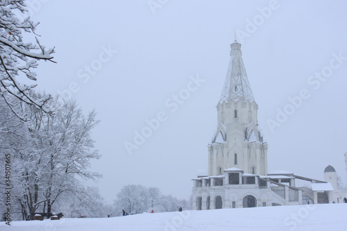 Church of the Ascension in Kolomenskoye estate during a snowfall  Russia  Moscow