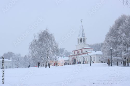 Front gate in Kolomenskoye estate during a snowfall, Moscow, Russia