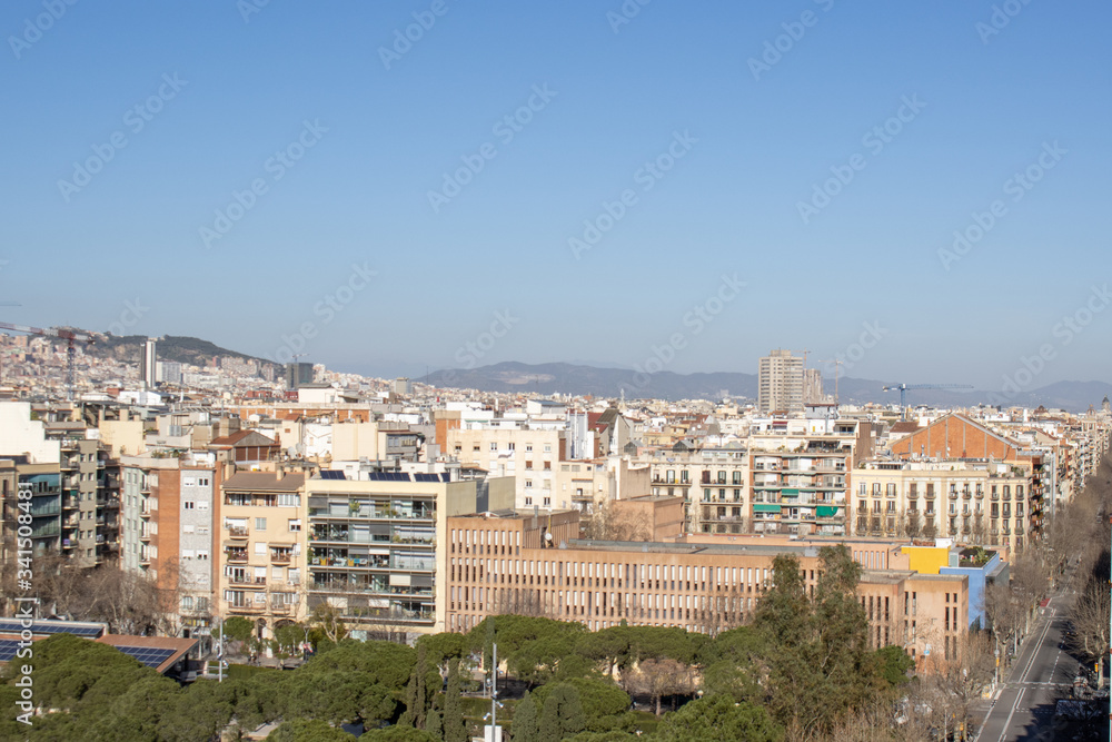 View of Joan Miro park in Barcelona from the observation deck of the Barcelona Arena, Catalonia, Spain