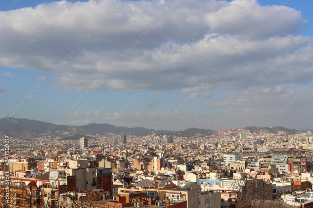 View of Barcelona from Montjuic on a sunny day, Catalonia, Spain