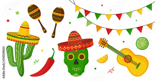 Cinco de Mayo celebration in Mexico icon set, collection design elements. Guitar, maraca, pepper, skulls, citrus fruits, sombrero, cactus and decoration. Vector illustration