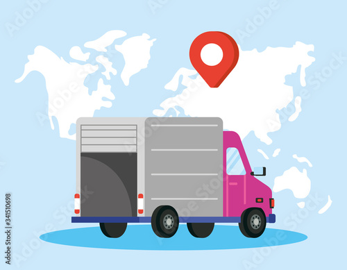 truck delivery service with world planet and pin location