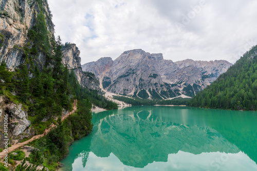 View of Lake Braies and a path that runs alongside it