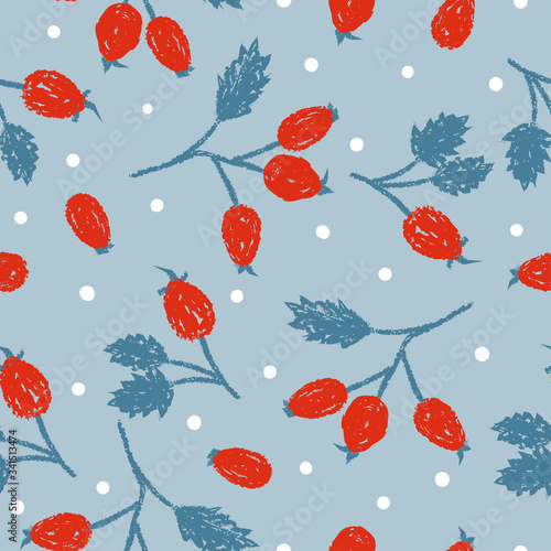 Seamless pattern with wild rose hip red berries. Vector hand drawn illustration