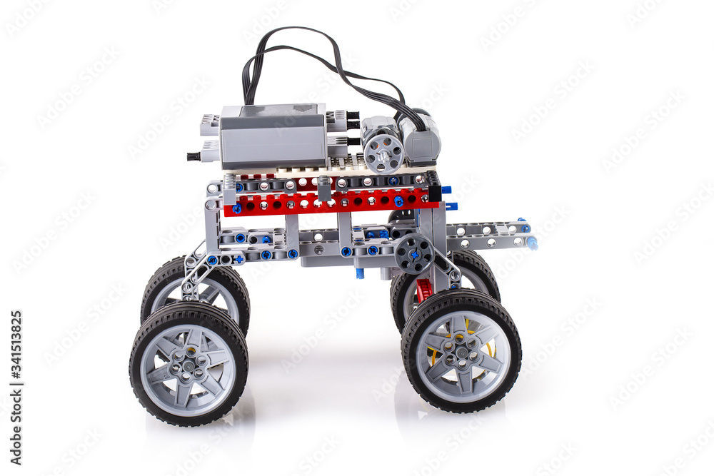 remote control robot made from building blocks assembled by children remote control robot made from building blocks assembled by children