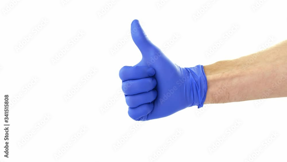 Thumbs Up Signal Shown in Blue Protective Surgical Gloves on White Background Thumbs Up Signal Shown in Blue Protective Surgical Gloves on White Background