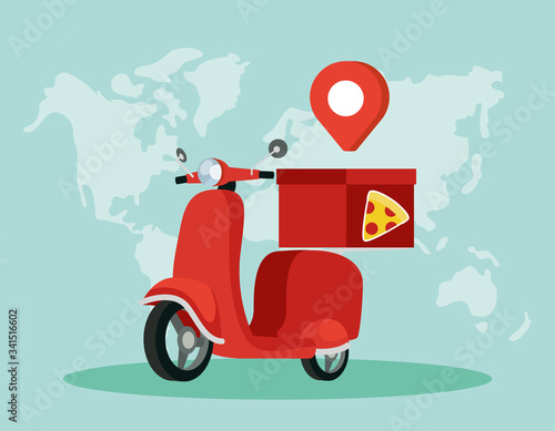 motorcycle delivery pizza service with earth planet and pin location