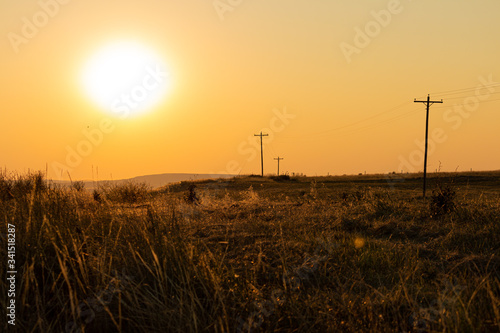 Blazing hot sun over a dry grass western desert with telephone poles leading into the distance