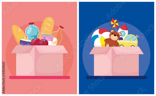 charity donation boxes with groceries and toys