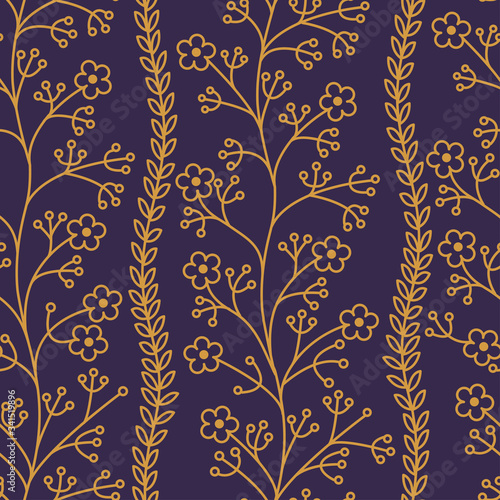 Floral pattern. Wildflowers. Seamless pattern gold outline on a purple background
