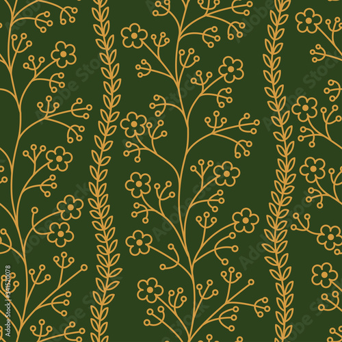 Floral pattern. Wildflowers. Seamless pattern gold outline on a green background.