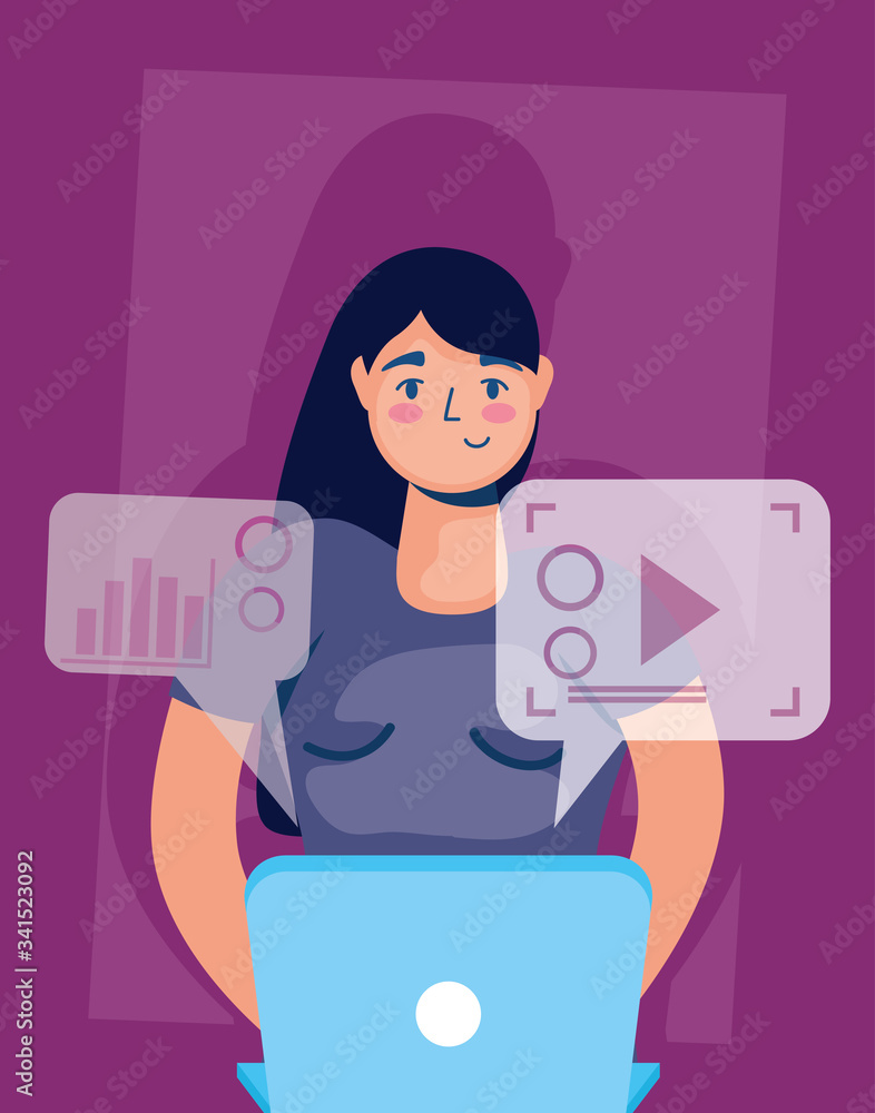 woman using laptop technology character icon woman using laptop technology character icon