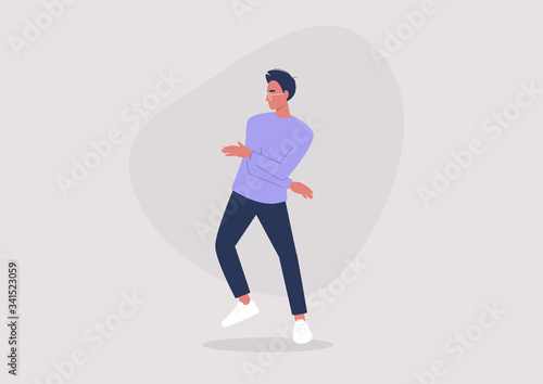 Emotions expression, young male character dancing at the party, millennial lifestyle