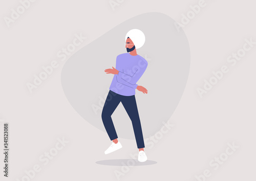 Emotions expression, young indian male character dancing at the party, millennial lifestyle