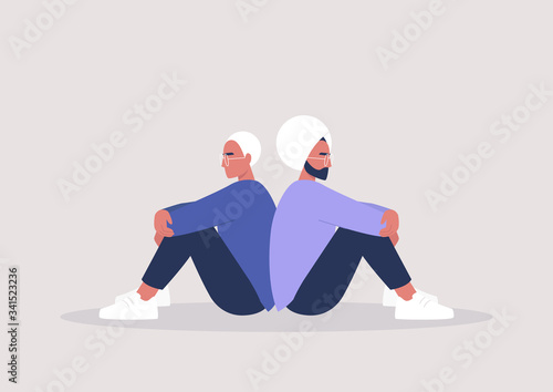 Two characters sitting back to back, disagreement, relationship troubles