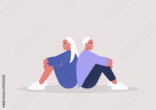 Two characters sitting back to back, disagreement, relationship troubles