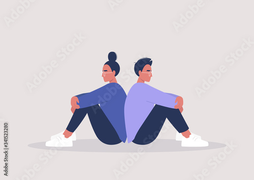 Two characters sitting back to back, disagreement, relationship troubles