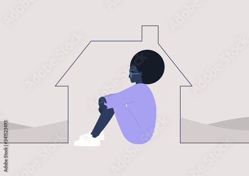 Young black female character self isolated at home, quarantine and social distancing