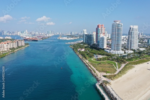 Aerial view of South Pointe Park and South Beach in Miami Beach  Florida devoid of people under coronavirus pandemic beach and park closure.